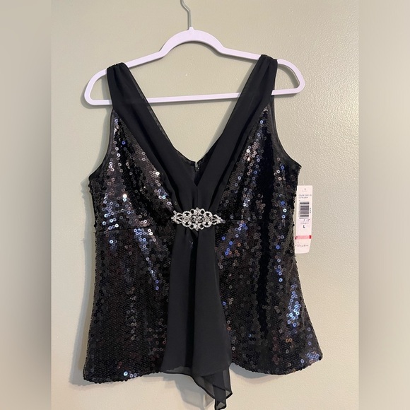 Onyx Nite Womens Black Sequined Back Zip Evening Party Wear Blouse Size L NWT - Picture 1 of 14